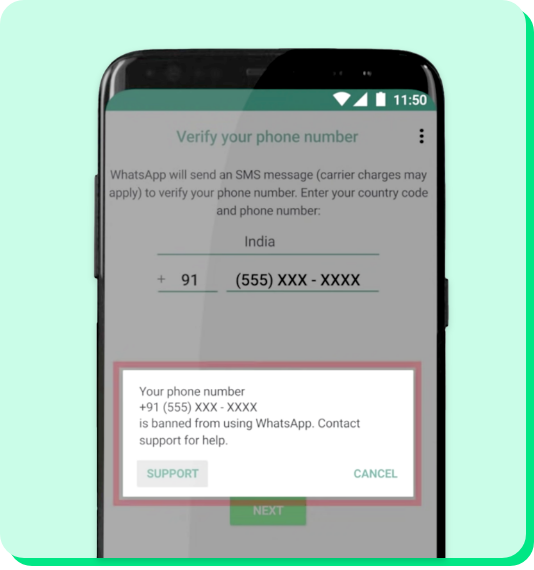 whatsapp account banned popup screenshot