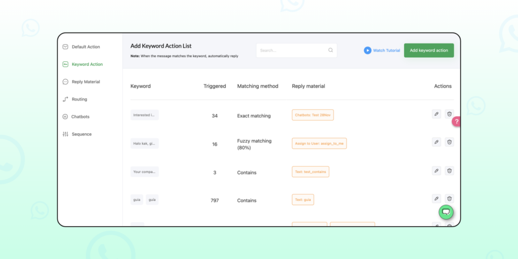 Screenshot showing how you can trigger automated messages with Wati's "Keyword Action" feature.