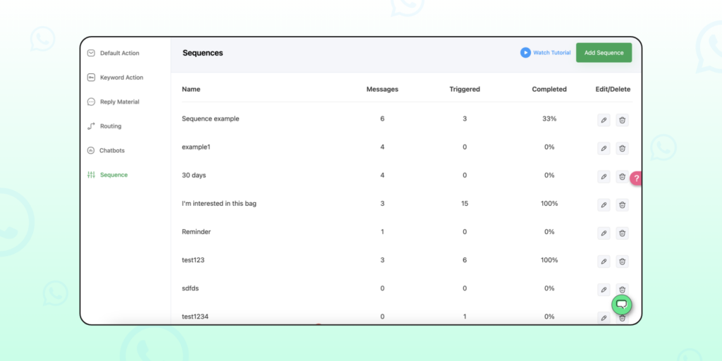Screenshot showing how one can set up drip campaigns by using Wati's "sequence" feature.