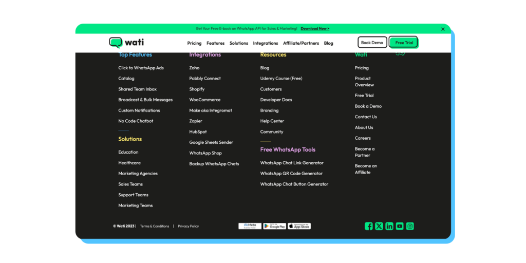 Wati's homepage footer with different options