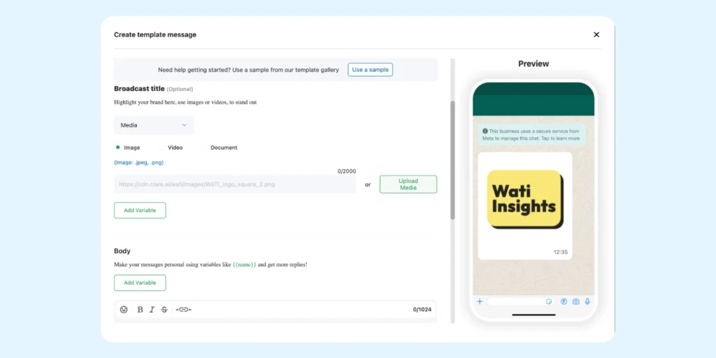 Wati's screenshot for adding media